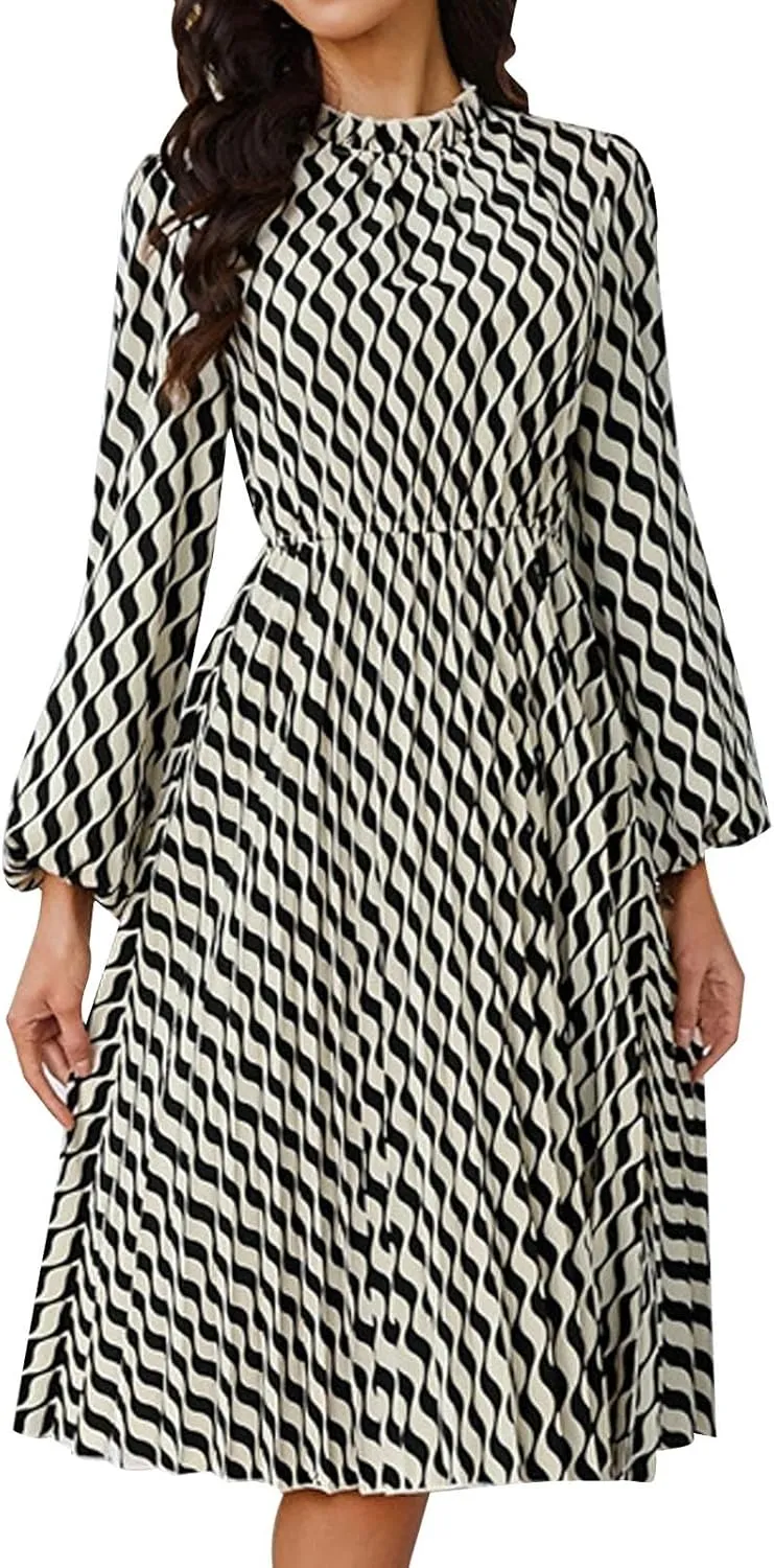 Womens Floral Fall Dress Long Sleeve Crew Neck Flowy Casual Dress Midi Dress Loose Fit Shift Dresses 2024