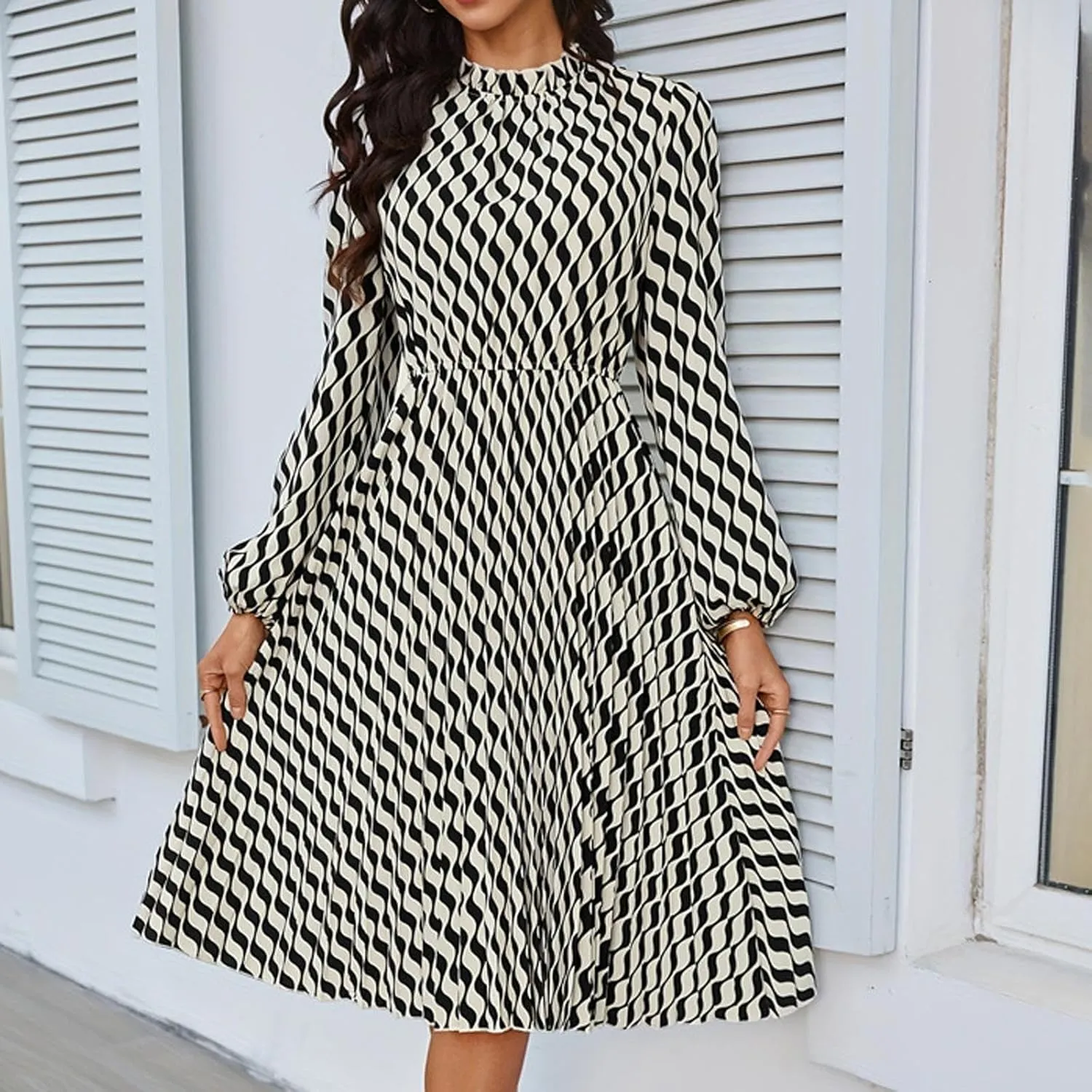 Womens Floral Fall Dress Long Sleeve Crew Neck Flowy Casual Dress Midi Dress Loose Fit Shift Dresses 2024