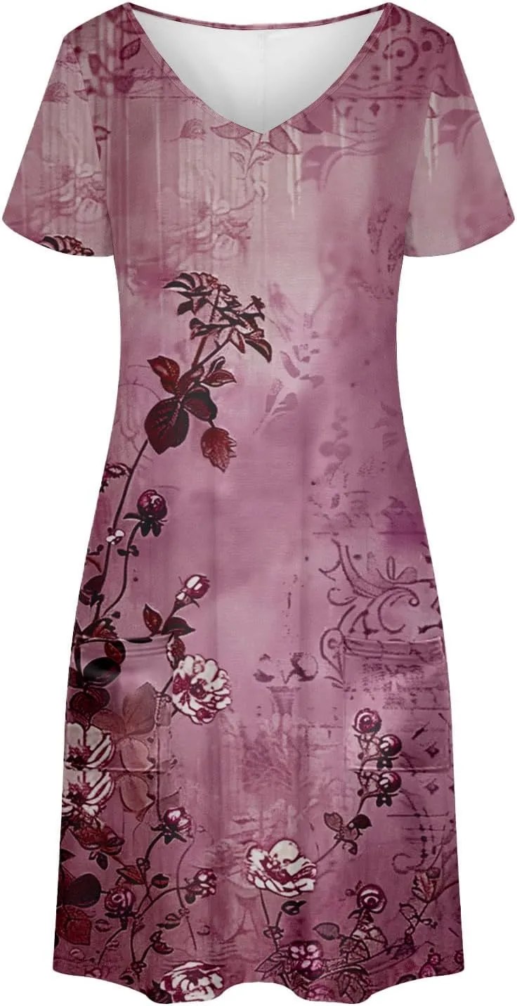 Women's Floral Printed Summer Dresses 2025 Trendy Casual Short Dress V Neck Loose Flowy Spring Dress