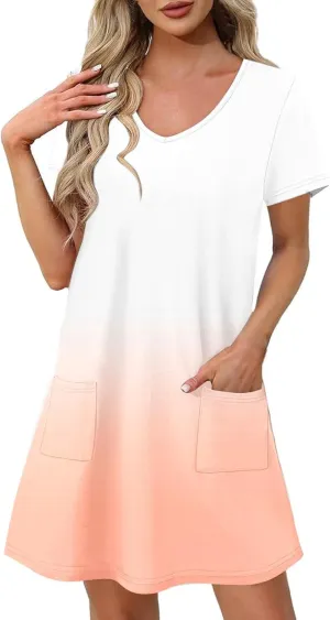 Womens Gradient Summer Dresses 2025 Short Sleeve V Neck Shift Casual Dress Beach Vacation Sundress
