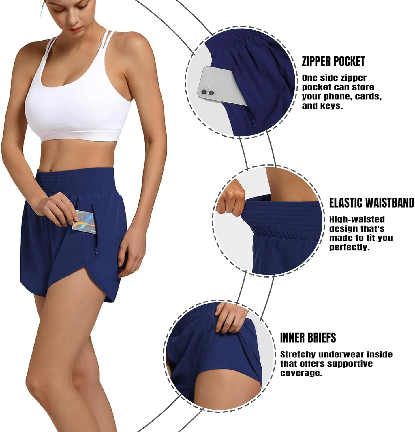 Women's High Waist Athletic Shorts Quick Dry Sporty Workout Running Shorts for Women with Zipper Pocket
