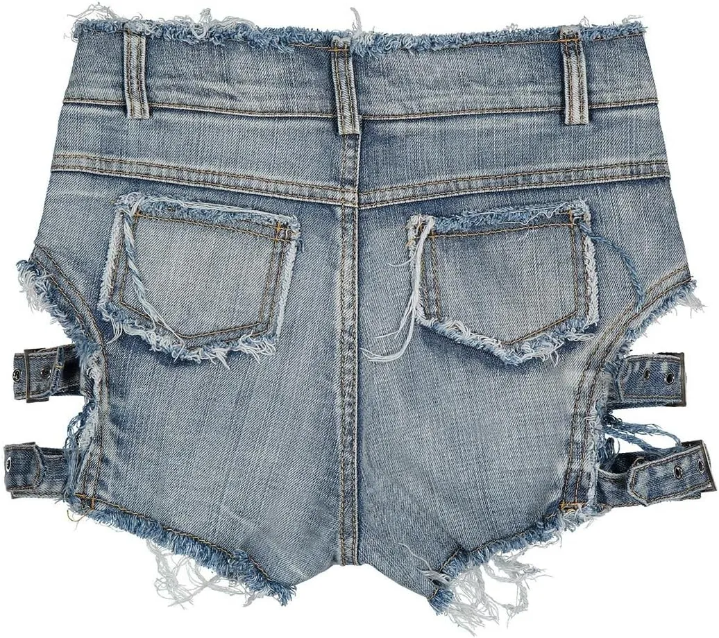 Women's High Waist Denim Shorts Sexy Gothic Punk Dance Shorts Metal Buckle Short Pants