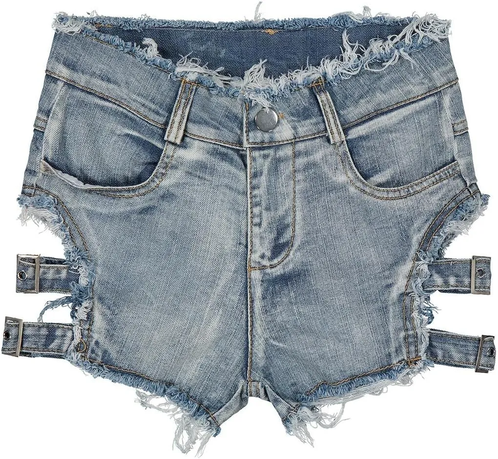 Women's High Waist Denim Shorts Sexy Gothic Punk Dance Shorts Metal Buckle Short Pants