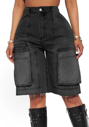 Women's High Waist Denim Shorts Straight Leg Raw Hem Jean Shorts Summer Hot Pants with Pockets