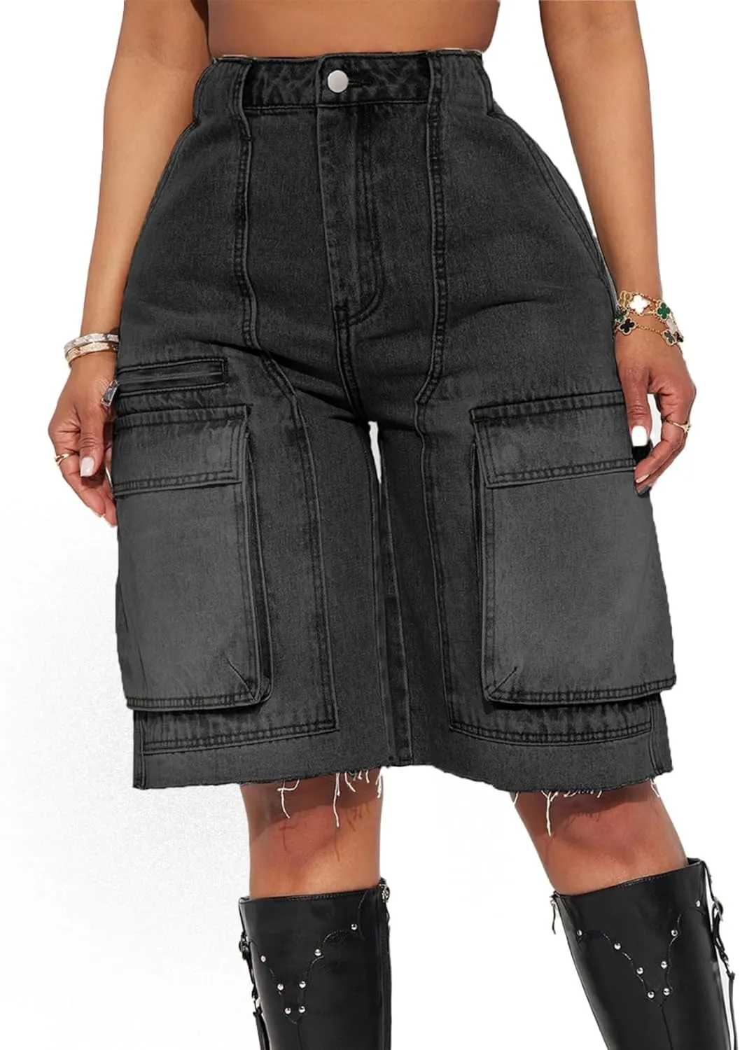 Women's High Waist Denim Shorts Straight Leg Raw Hem Jean Shorts Summer Hot Pants with Pockets