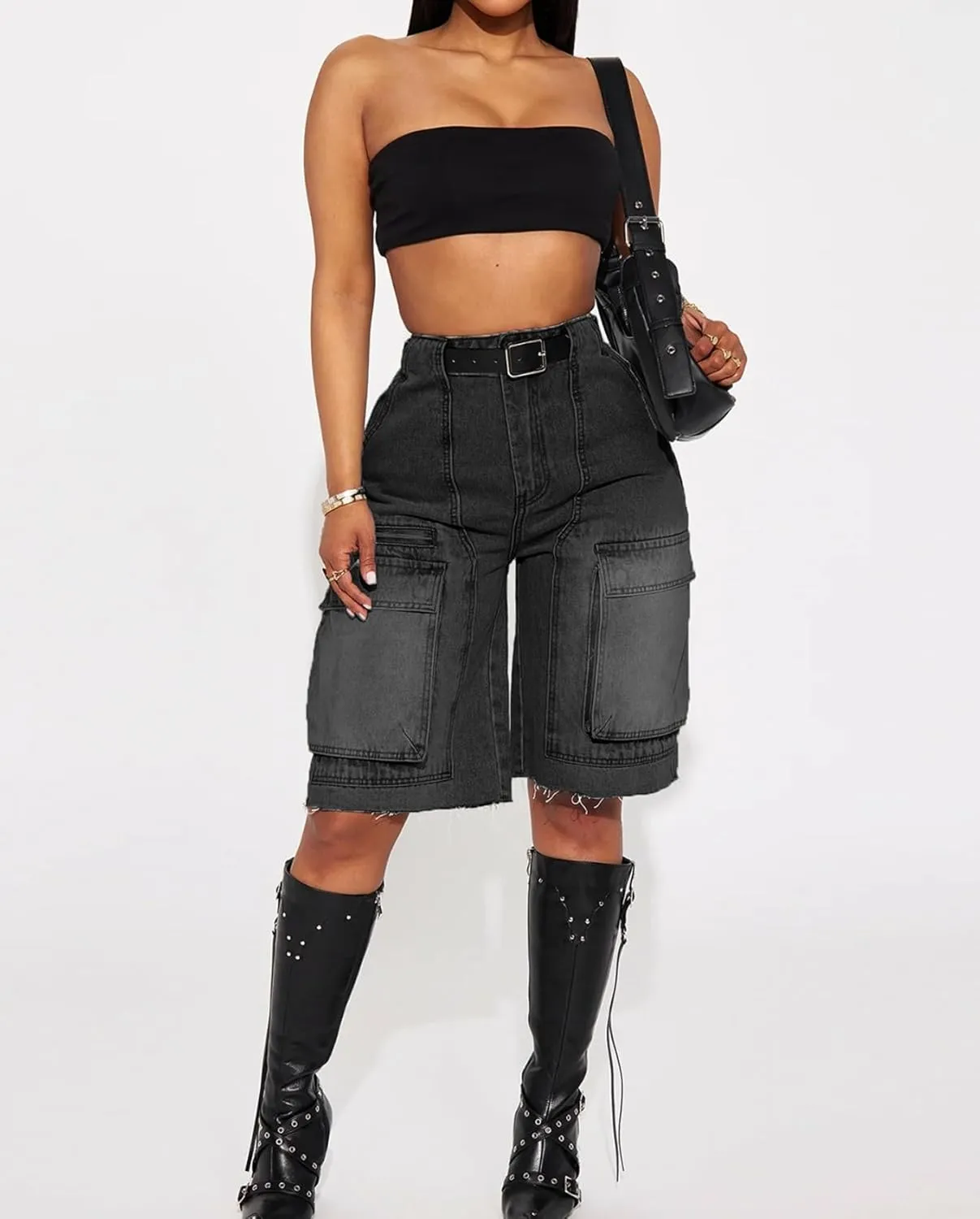 Women's High Waist Denim Shorts Straight Leg Raw Hem Jean Shorts Summer Hot Pants with Pockets