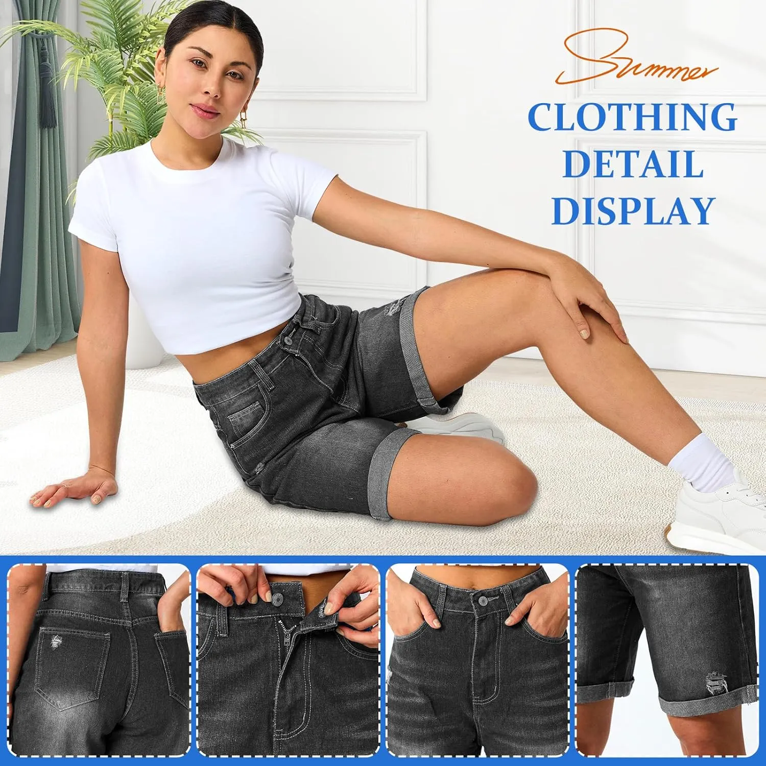 Women's High Waist Long Jean Shorts for Women Girls Denim Shorts Ripped Distressed Jeans Short