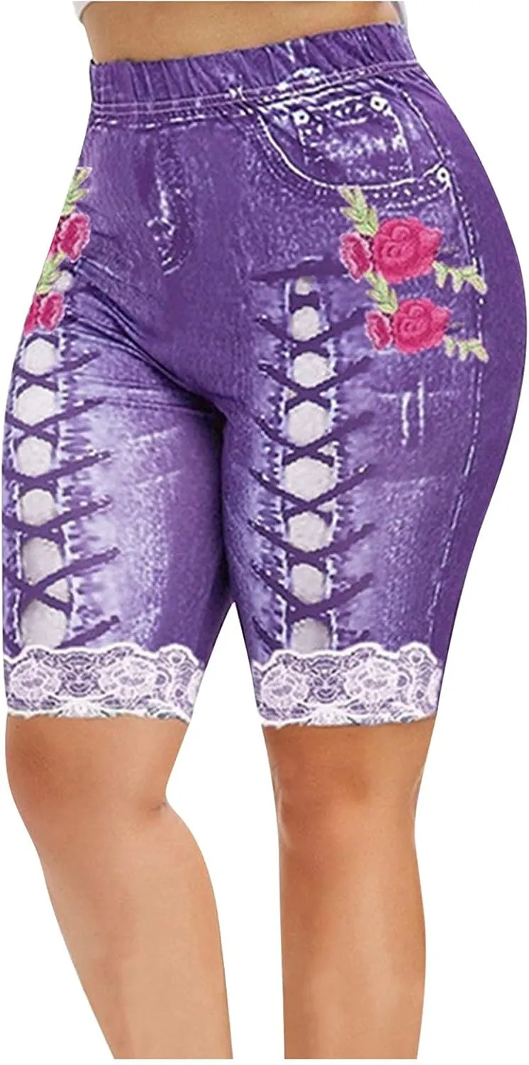 Womens High Waisted Casual Denim Shorts Plus Size Printed Lace Trim Skinny Jeans Shorts Stretch Comfy Bermuda Shorts