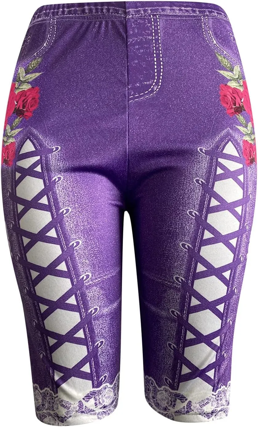 Womens High Waisted Casual Denim Shorts Plus Size Printed Lace Trim Skinny Jeans Shorts Stretch Comfy Bermuda Shorts