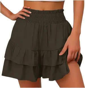 Women's High Waisted Ruffle Shorts Floral Pleated Hem Workout Shorts Baggy Summer Casual Cute Beach Shorts