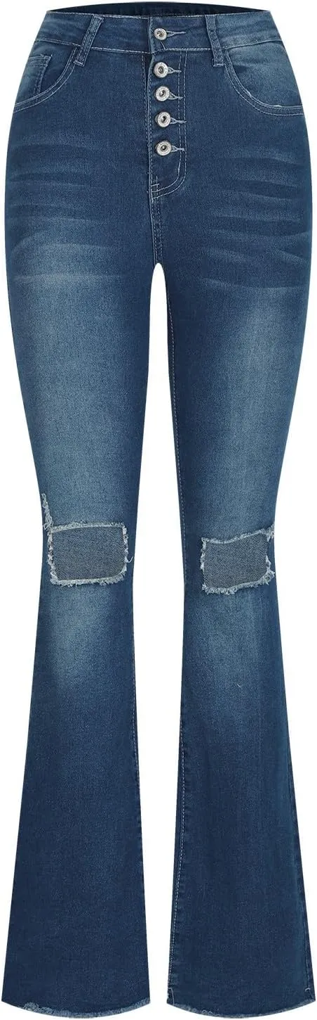 Womens Jeans High Waisted Stretchy Bell Bottom Jeans Ripped Skinny Flare Denim Pants Totally Shaping Bootcut Jeans