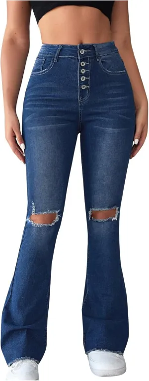 Womens Jeans High Waisted Stretchy Bell Bottom Jeans Ripped Skinny Flare Denim Pants Totally Shaping Bootcut Jeans