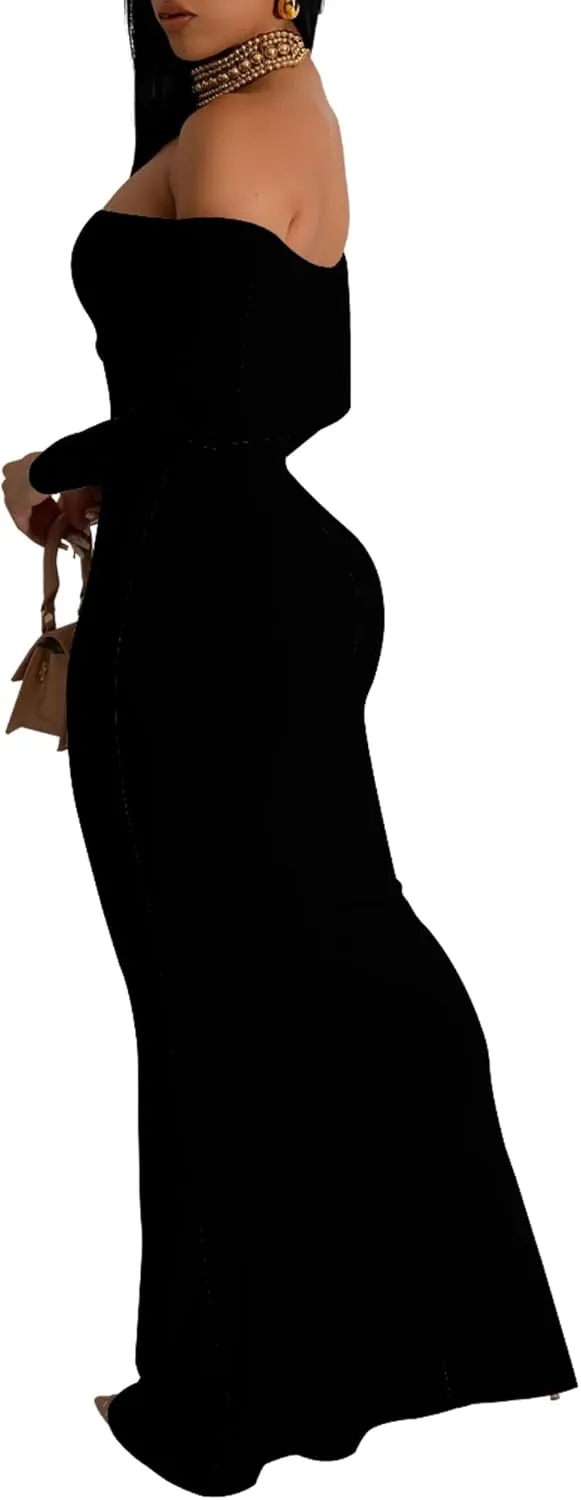 Women's Long Sleeve Evening Dress Sexy Bodycon Backless Strapless Wedding Party Cocktail Maxi Dress