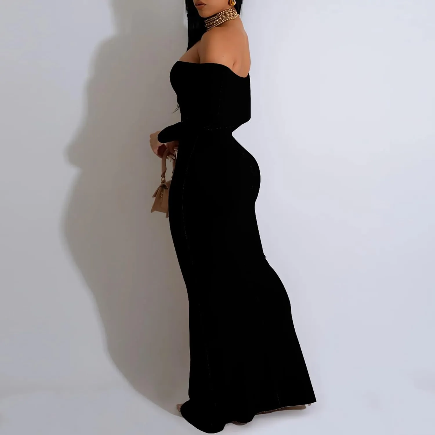 Women's Long Sleeve Evening Dress Sexy Bodycon Backless Strapless Wedding Party Cocktail Maxi Dress