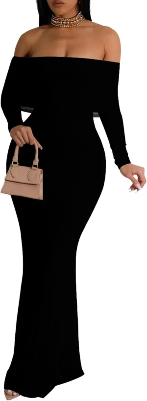 Women's Long Sleeve Evening Dress Sexy Bodycon Backless Strapless Wedding Party Cocktail Maxi Dress