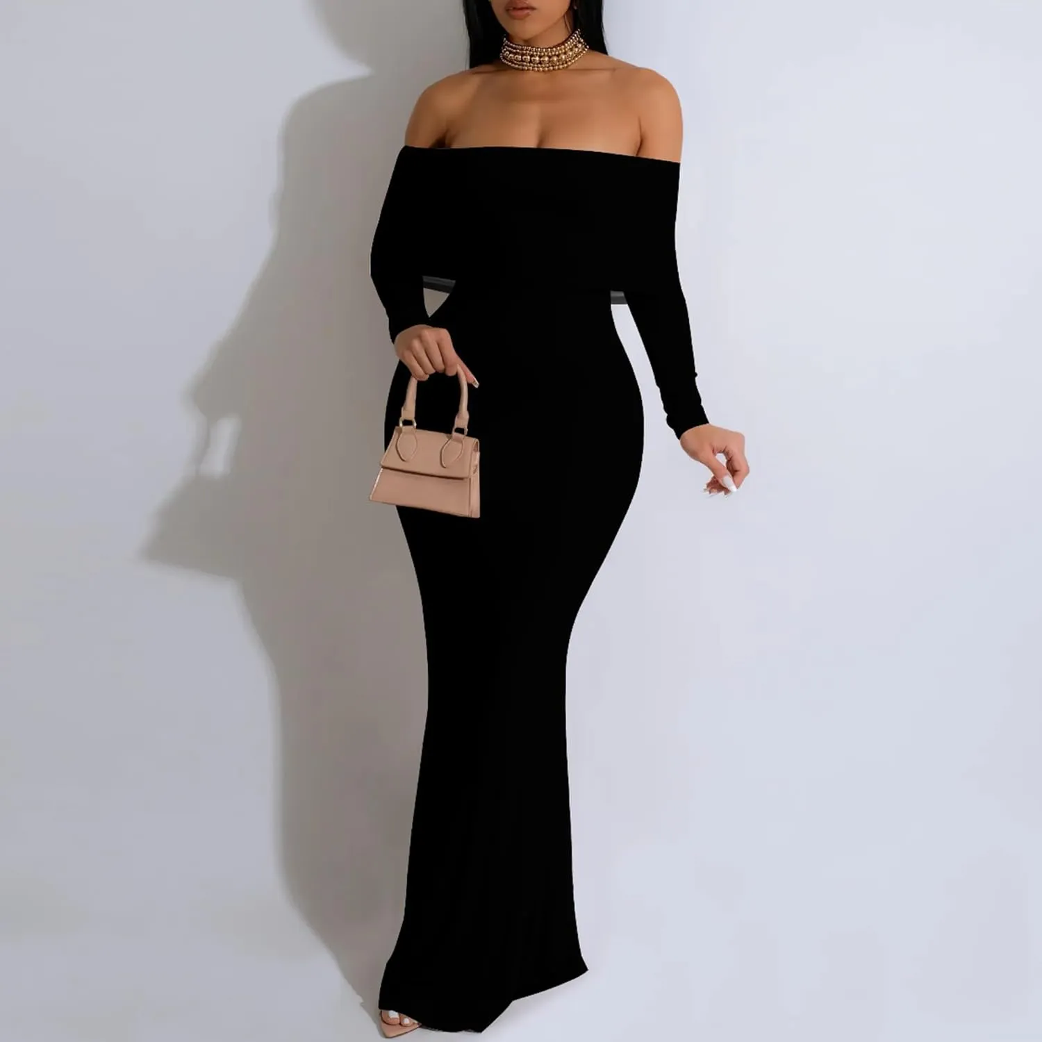Women's Long Sleeve Evening Dress Sexy Bodycon Backless Strapless Wedding Party Cocktail Maxi Dress