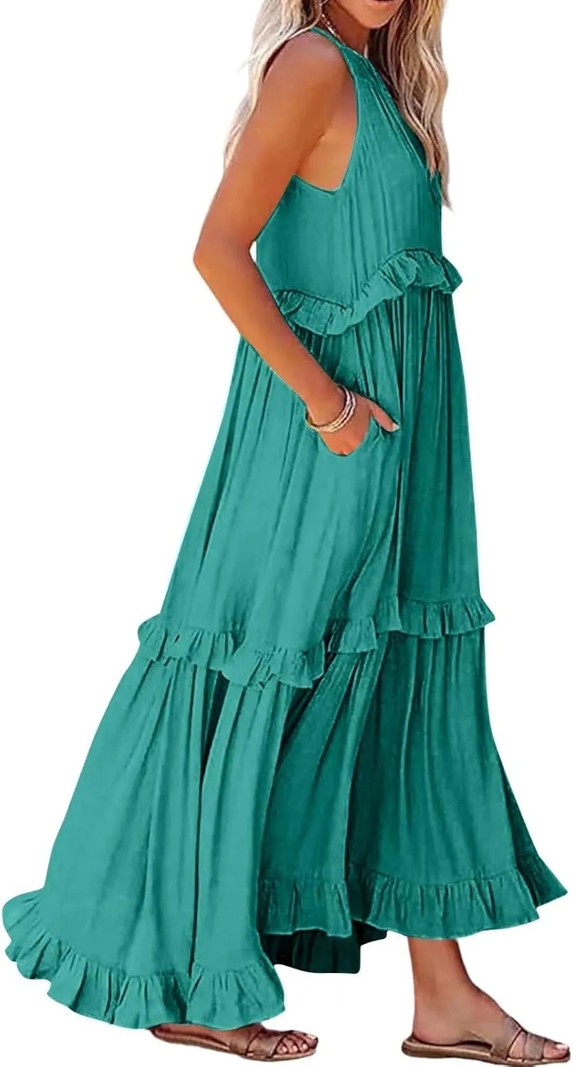 Women's Maxi Dress 2025 Spring Casual Loose Swing Boho Smocked Ruffle Sundress Halter Sleeveless Tiered Beach Dress