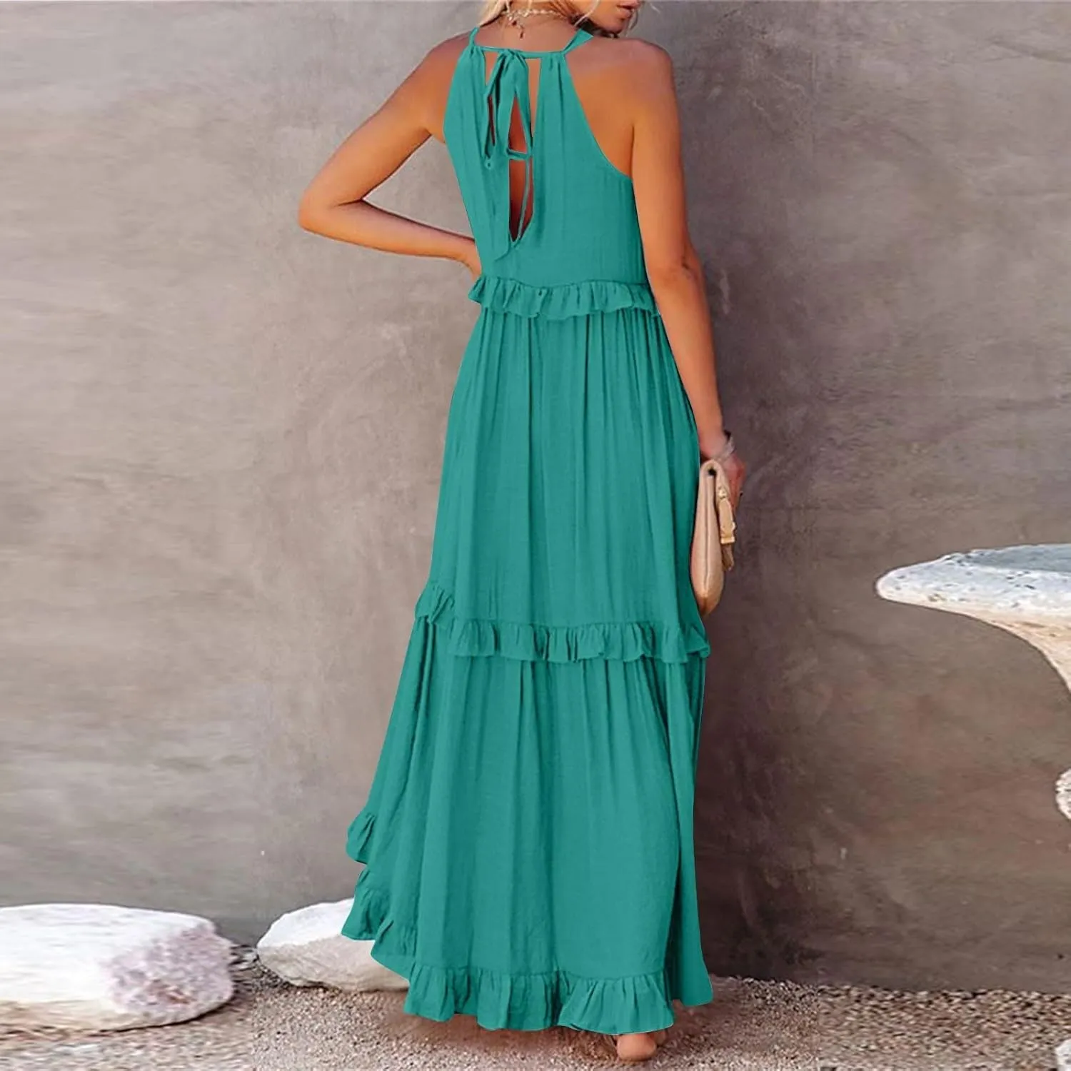Women's Maxi Dress 2025 Spring Casual Loose Swing Boho Smocked Ruffle Sundress Halter Sleeveless Tiered Beach Dress