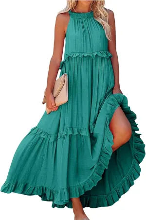 Women's Maxi Dress 2025 Spring Casual Loose Swing Boho Smocked Ruffle Sundress Halter Sleeveless Tiered Beach Dress