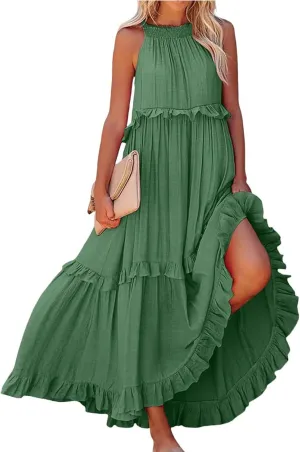 Women's Maxi Dress 2025 Spring Casual Loose Swing Boho Smocked Ruffle Sundress Halter Sleeveless Tiered Beach Dress