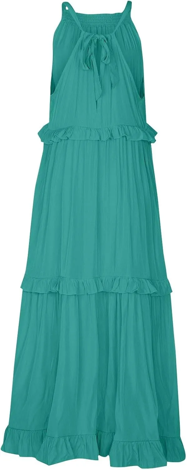 Women's Maxi Dress 2025 Spring Casual Loose Swing Boho Smocked Ruffle Sundress Halter Sleeveless Tiered Beach Dress