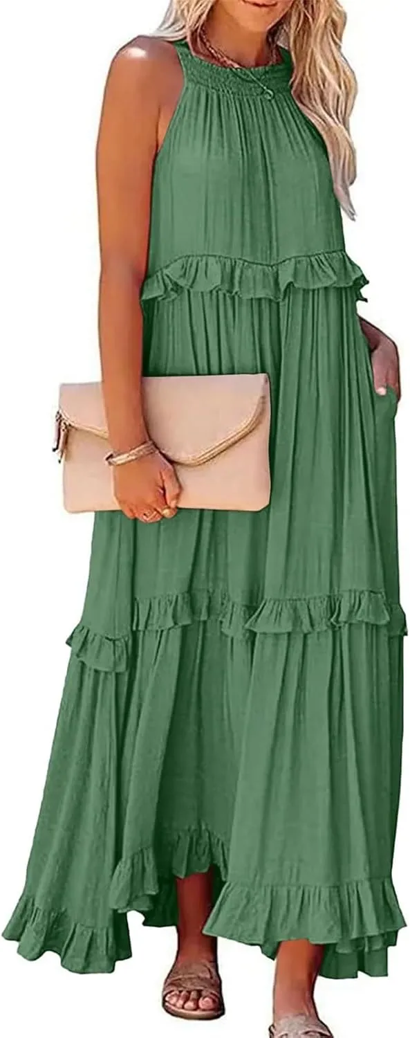 Women's Maxi Dress 2025 Spring Casual Loose Swing Boho Smocked Ruffle Sundress Halter Sleeveless Tiered Beach Dress