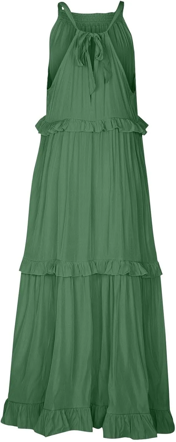 Women's Maxi Dress 2025 Spring Casual Loose Swing Boho Smocked Ruffle Sundress Halter Sleeveless Tiered Beach Dress