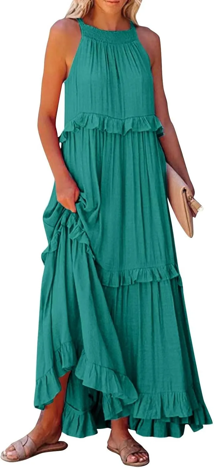 Women's Maxi Dress 2025 Spring Casual Loose Swing Boho Smocked Ruffle Sundress Halter Sleeveless Tiered Beach Dress