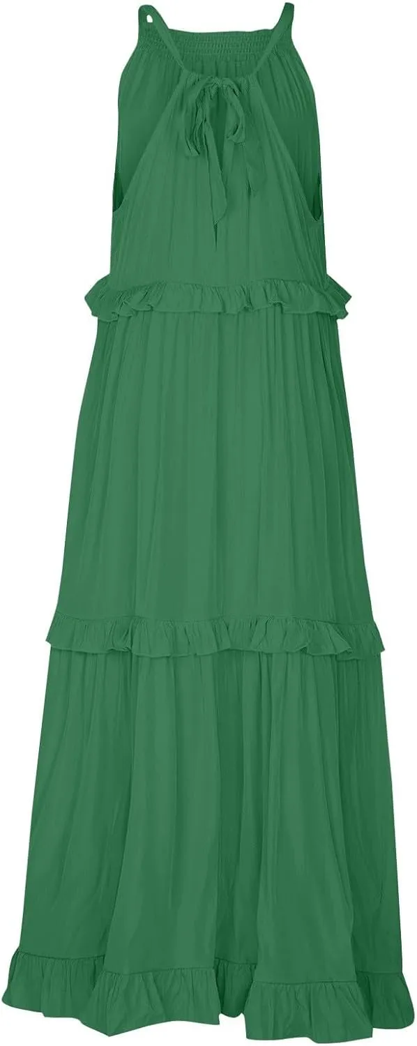 Women's Maxi Dress 2025 Spring Casual Loose Swing Boho Smocked Ruffle Sundress Halter Sleeveless Tiered Beach Dress