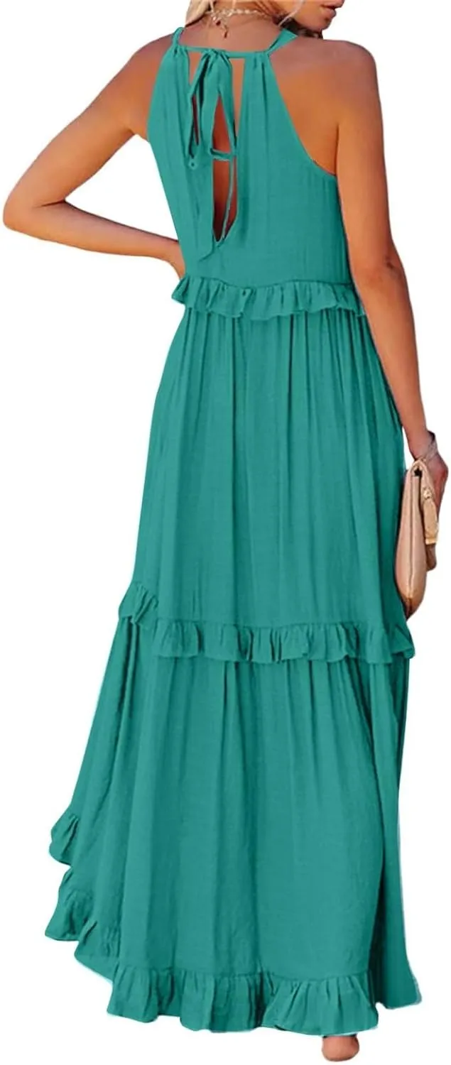 Women's Maxi Dress 2025 Spring Casual Loose Swing Boho Smocked Ruffle Sundress Halter Sleeveless Tiered Beach Dress