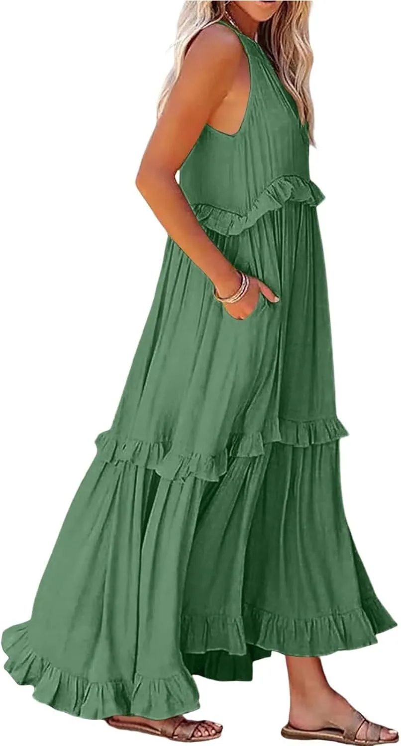 Women's Maxi Dress 2025 Spring Casual Loose Swing Boho Smocked Ruffle Sundress Halter Sleeveless Tiered Beach Dress