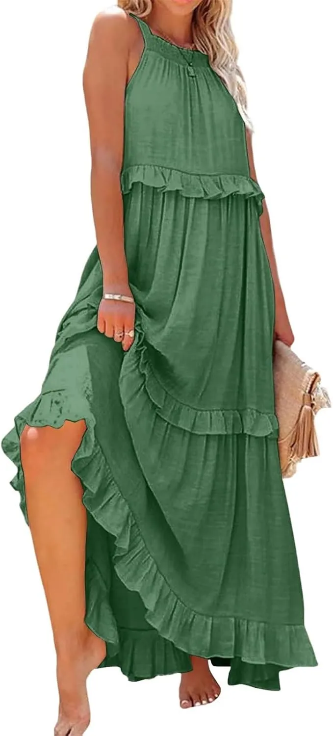 Women's Maxi Dress 2025 Spring Casual Loose Swing Boho Smocked Ruffle Sundress Halter Sleeveless Tiered Beach Dress