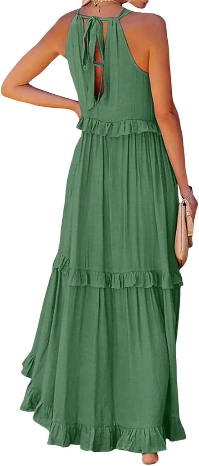 Women's Maxi Dress 2025 Spring Casual Loose Swing Boho Smocked Ruffle Sundress Halter Sleeveless Tiered Beach Dress