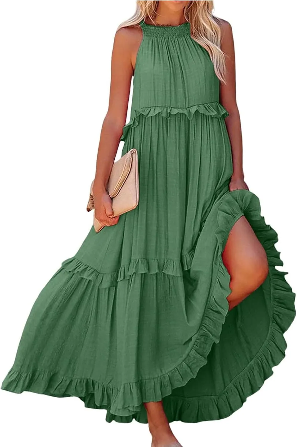 Women's Maxi Dress 2025 Spring Casual Loose Swing Boho Smocked Ruffle Sundress Halter Sleeveless Tiered Beach Dress