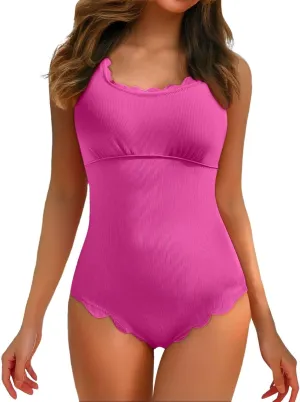 Womens One Piece Swimsuit Scalloped Ribbed Square Neck Vintage Modest Tummy Control Full Coverage Slim Bathing Suit