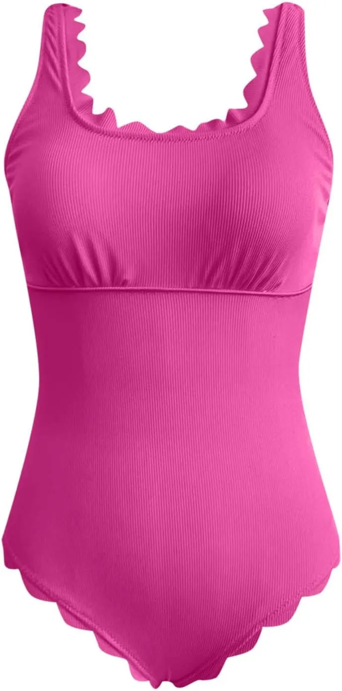 Womens One Piece Swimsuit Scalloped Ribbed Square Neck Vintage Modest Tummy Control Full Coverage Slim Bathing Suit