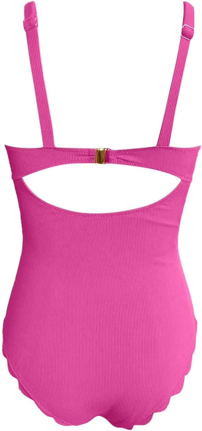 Womens One Piece Swimsuit Scalloped Ribbed Square Neck Vintage Modest Tummy Control Full Coverage Slim Bathing Suit
