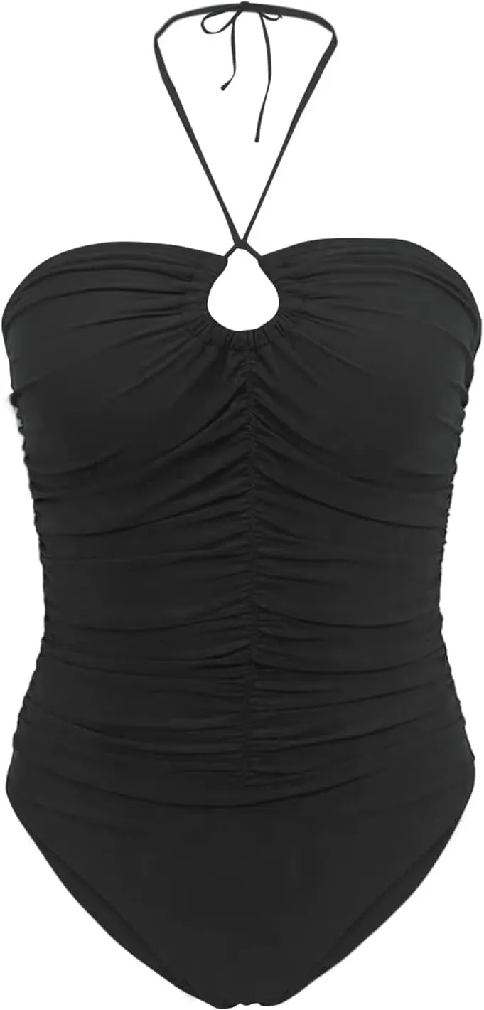 Women's One Piece Swimsuit Sexy Tummy Control Swimwear V Neck Halter Push Up Full Coverage Bathing Suits