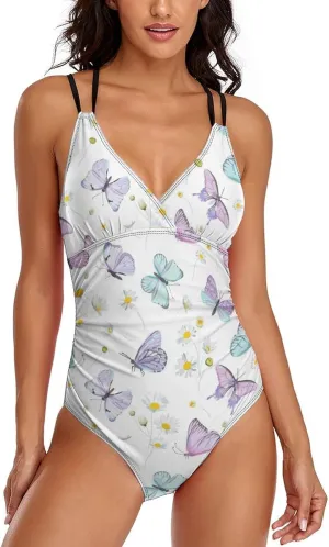Womens' One Piece Swimwears Strappy Tummy Control Butterflies Flutter Sweet Full Coverage Swimwears