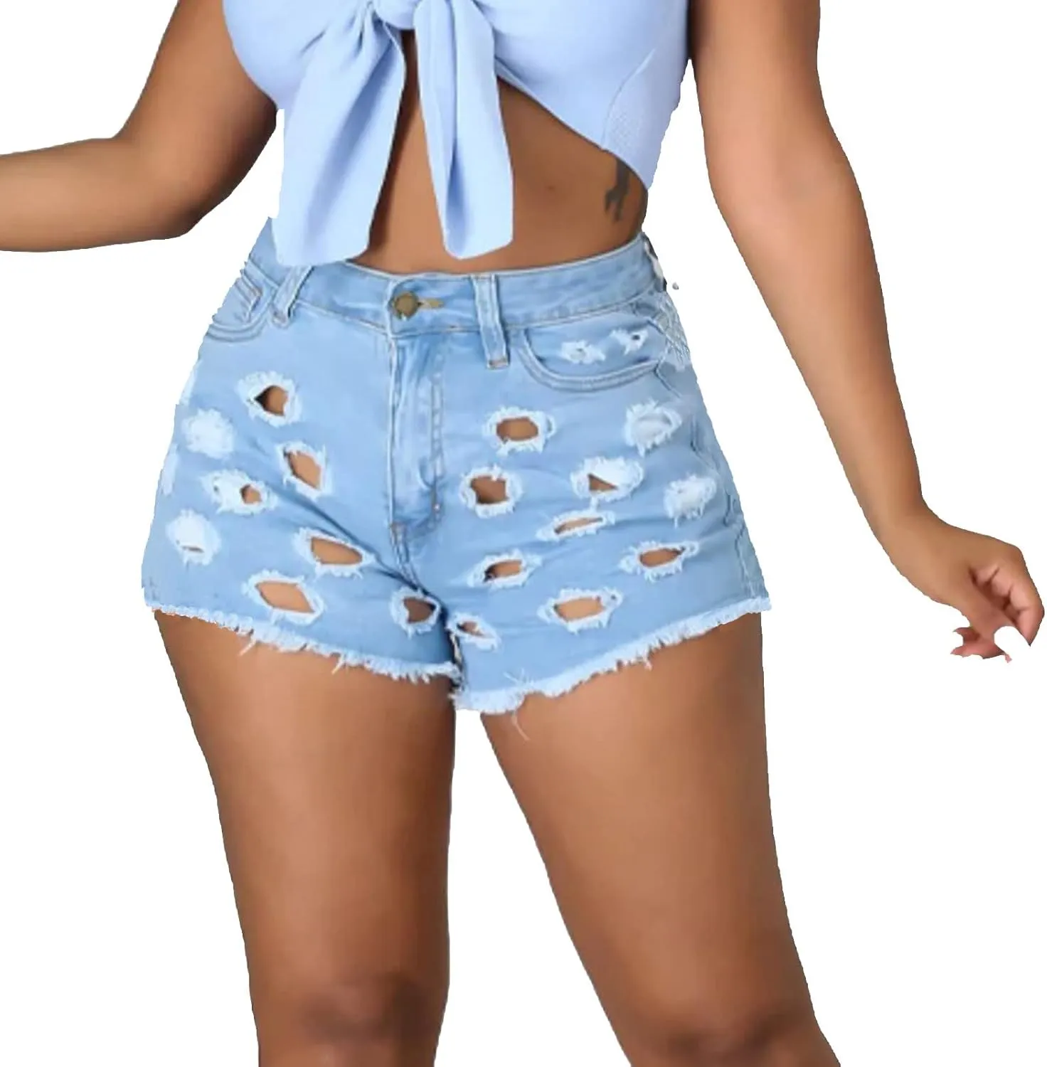 Womens Ripped Jean Shorts Trendy High Waist Frayed Raw Hem Stretch Denim Shorts Sexy Casual Summer Distressed Shorts