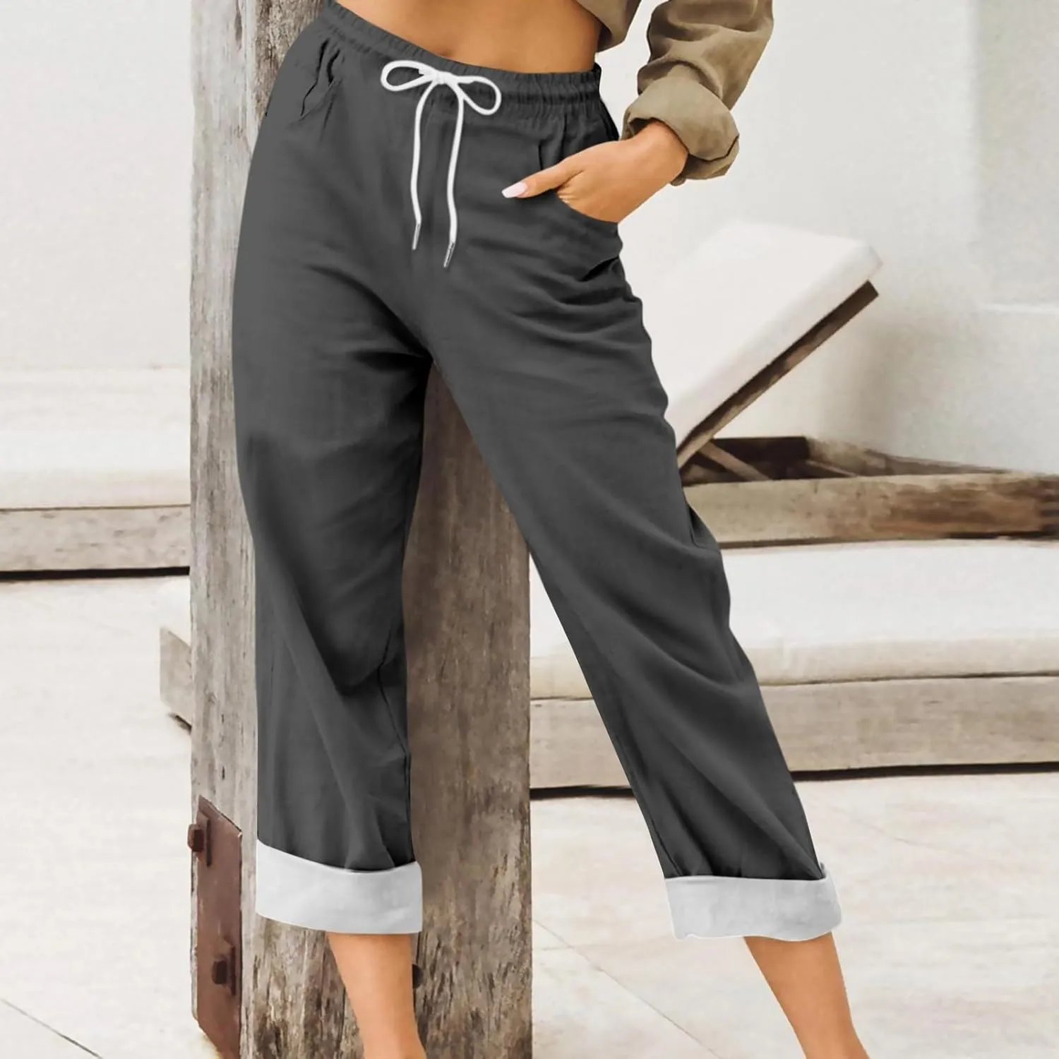 Womens Roll Up Capri Pants Cotton Linen High Waisted Drawstring Pants with Pocket 2025 Summer Lounge Elastic Trousers
