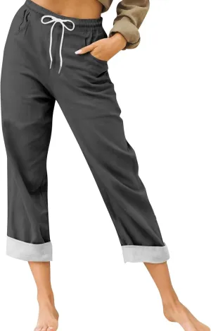 Womens Roll Up Capri Pants Cotton Linen High Waisted Drawstring Pants with Pocket 2025 Summer Lounge Elastic Trousers