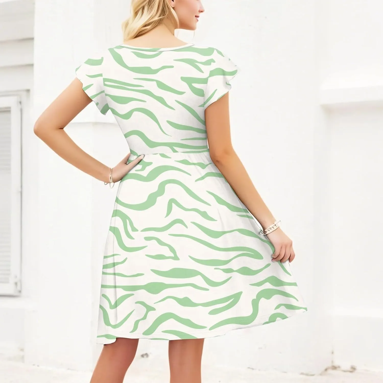 Women's Ruffle Sleeve Dresses for Women 2025 Pleated Loose Swing Knee Length Dress with Pockets
