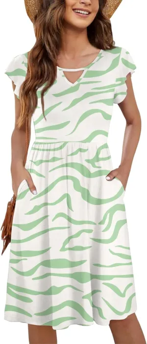 Women's Ruffle Sleeve Dresses for Women 2025 Pleated Loose Swing Knee Length Dress with Pockets