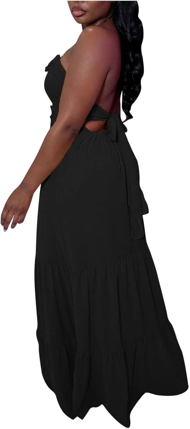 Womens Sexy Maxi Dresses 2024 Summer Spaghetti Strap Deep V Neck Dress Loose Ruffle Tie Back Tiered Beach Long Dress