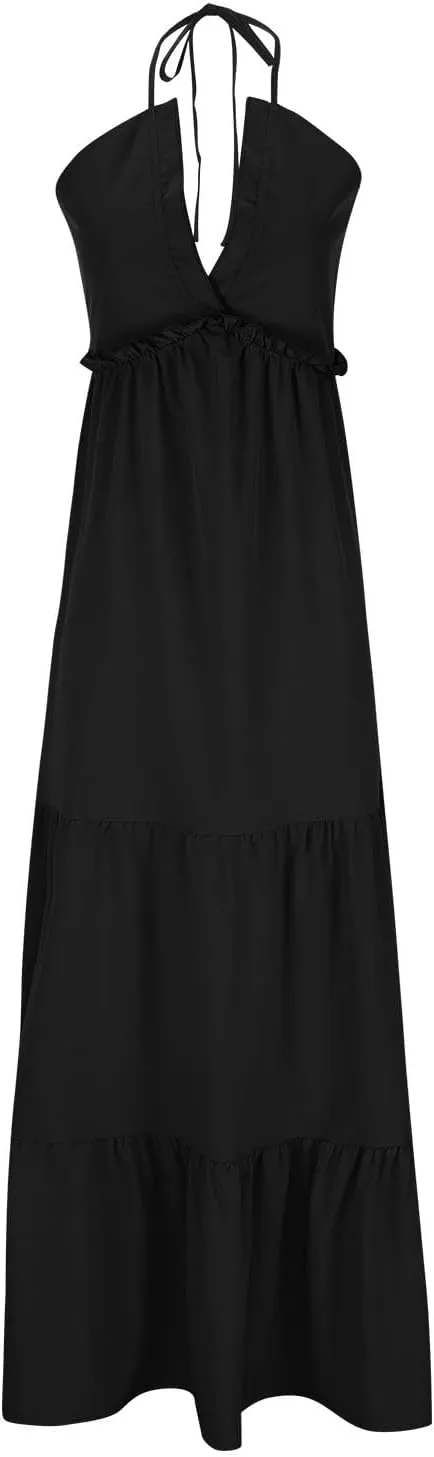 Womens Sexy Maxi Dresses 2024 Summer Spaghetti Strap Deep V Neck Dress Loose Ruffle Tie Back Tiered Beach Long Dress