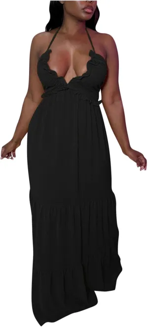 Womens Sexy Maxi Dresses 2024 Summer Spaghetti Strap Deep V Neck Dress Loose Ruffle Tie Back Tiered Beach Long Dress
