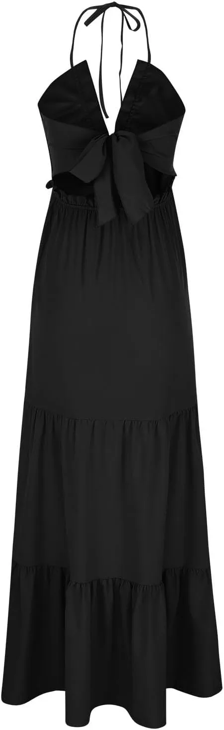 Womens Sexy Maxi Dresses 2024 Summer Spaghetti Strap Deep V Neck Dress Loose Ruffle Tie Back Tiered Beach Long Dress
