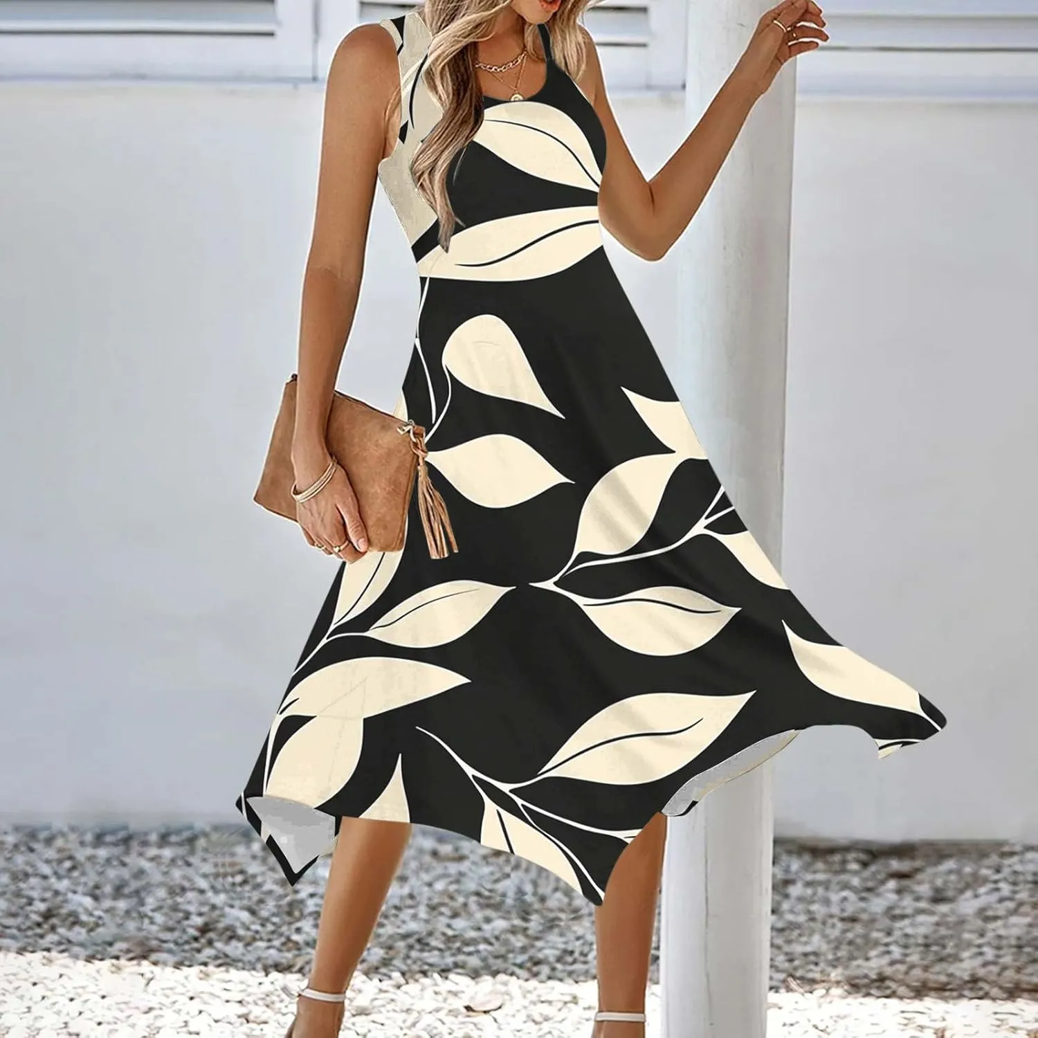 Women's Sexy Spaghetti Straps Midi Dresses Sleeveless Casual Sundress Floral Printed Flowy Beach Dress