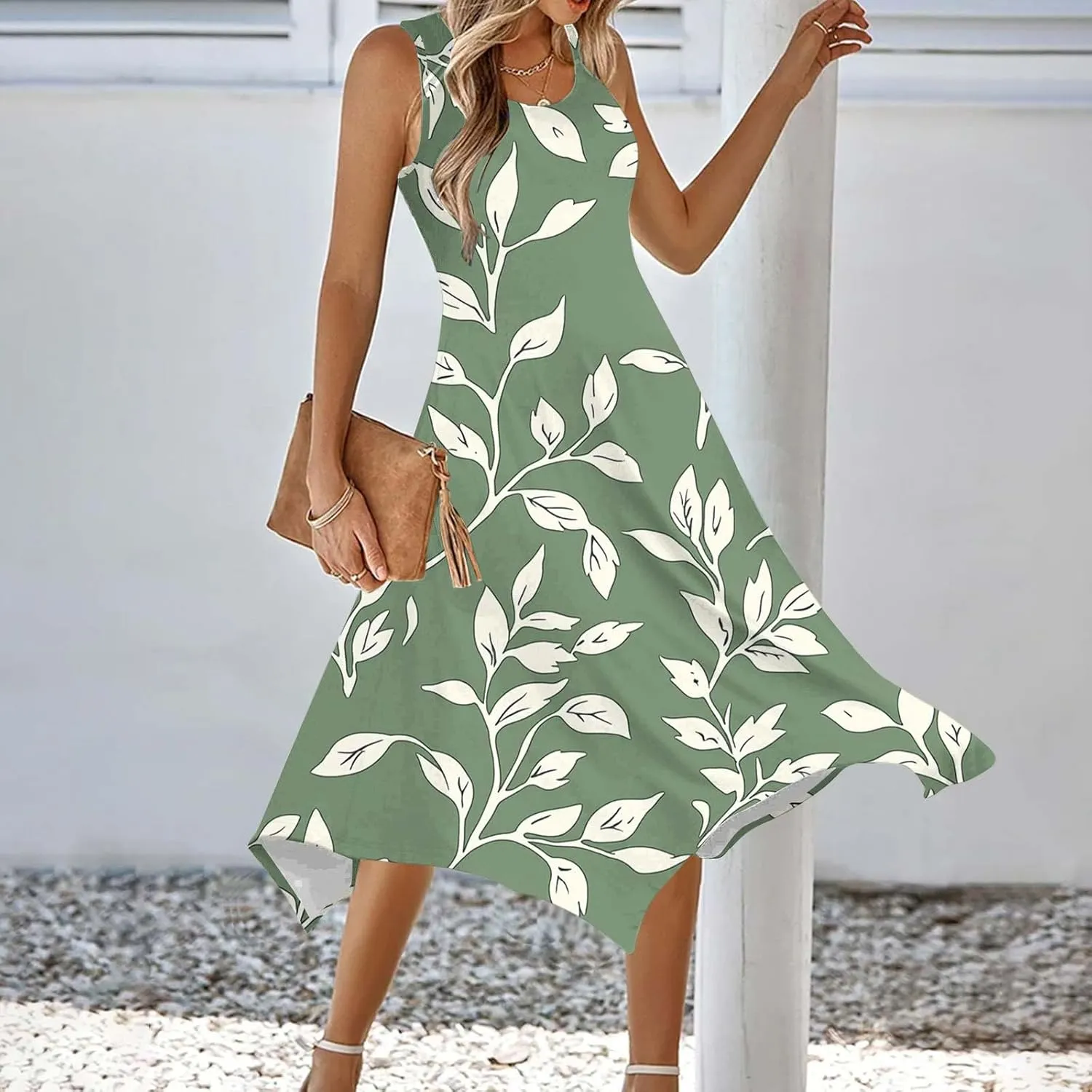 Women's Sexy Spaghetti Straps Midi Dresses Sleeveless Casual Sundress Floral Printed Flowy Beach Dress